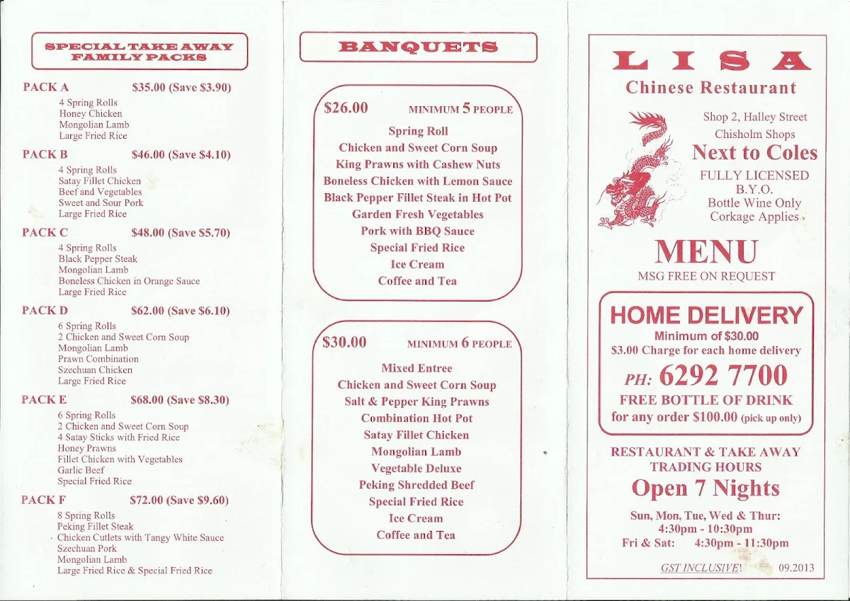 Menu, Lisa Chinese Restaurant