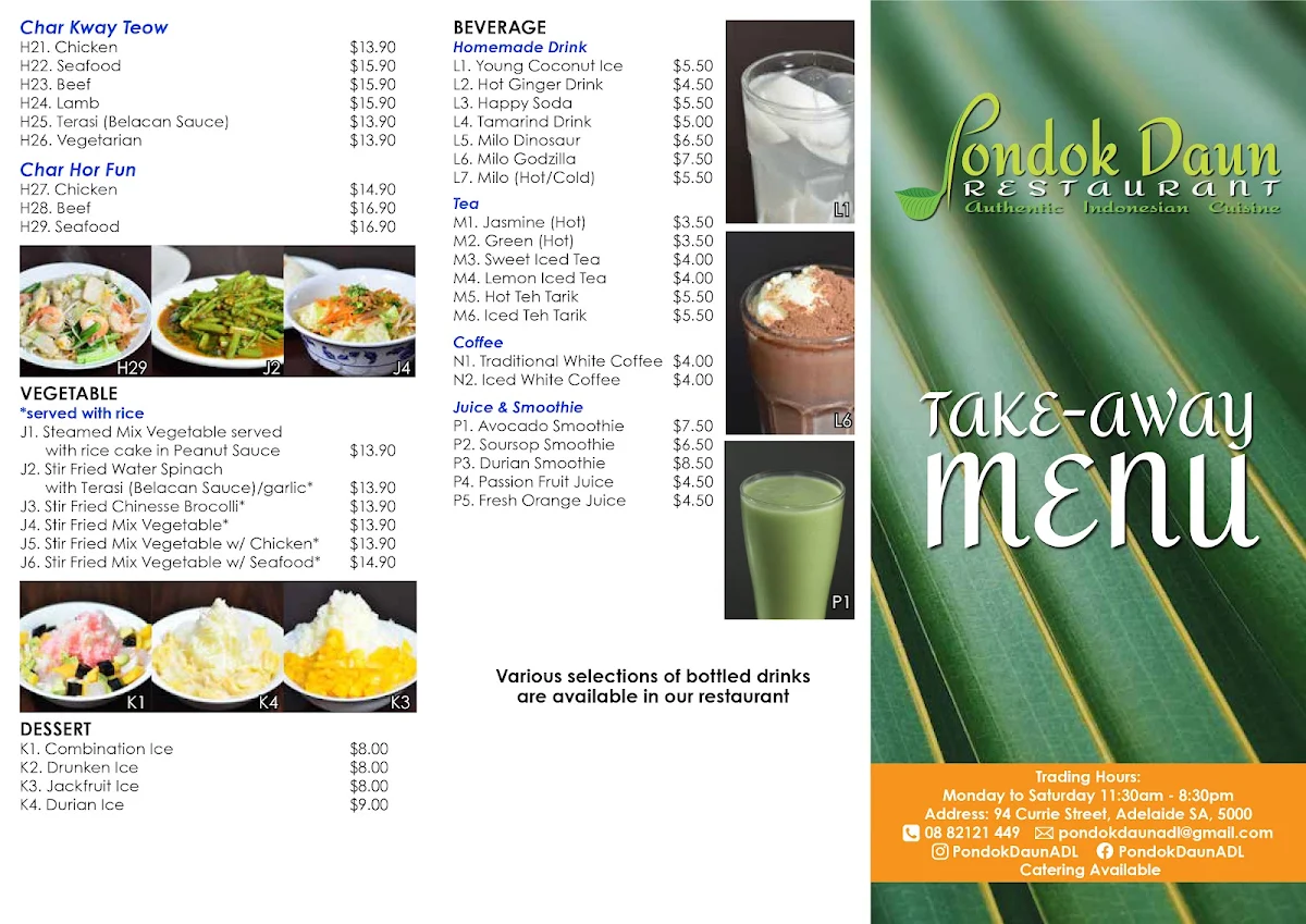 Menu, Pondok Daun Restaurant