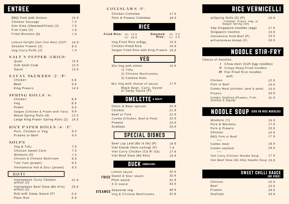 Menu, Saigon Sun
