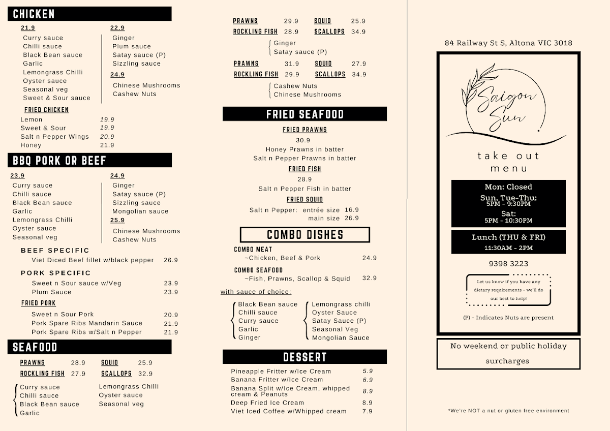 Menu, Saigon Sun