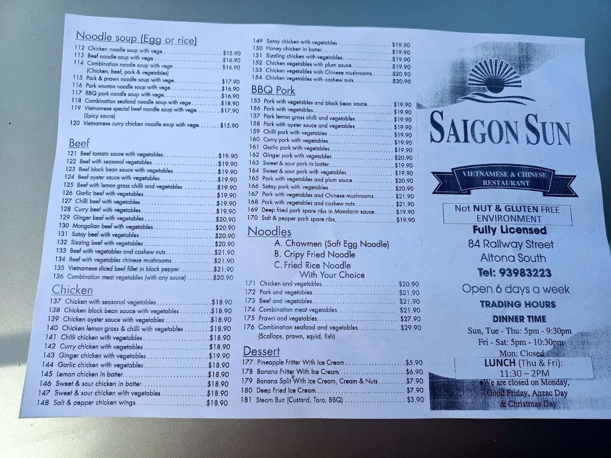 Menu, Saigon Sun