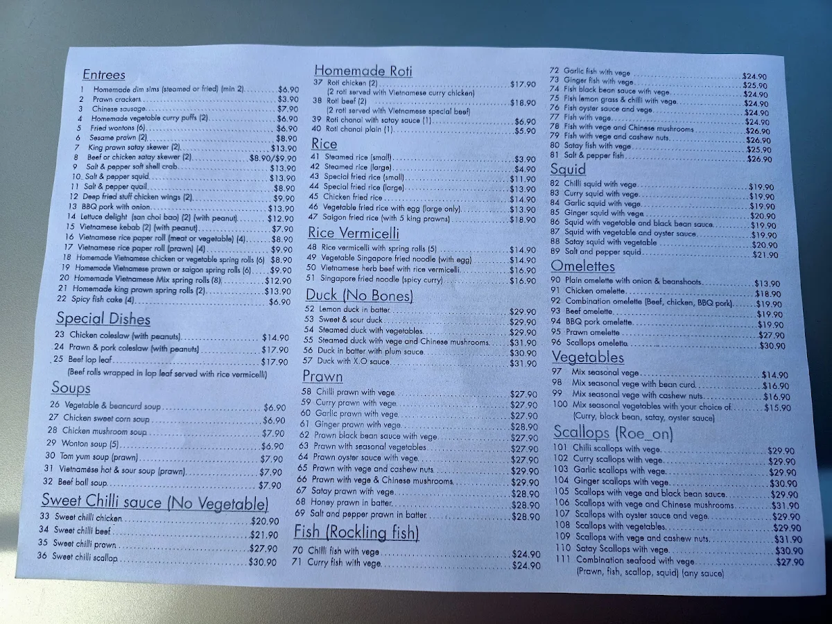 Menu, Saigon Sun