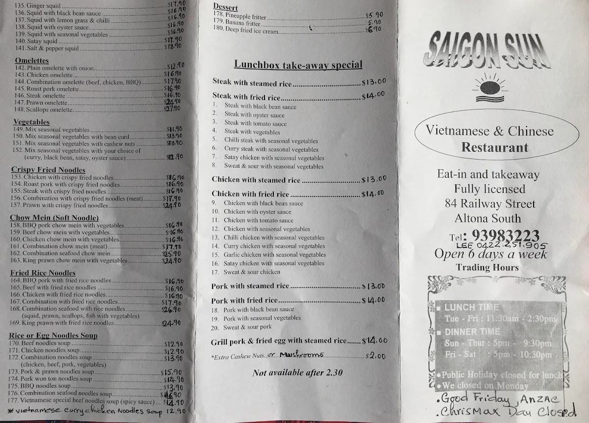 Menu, Saigon Sun