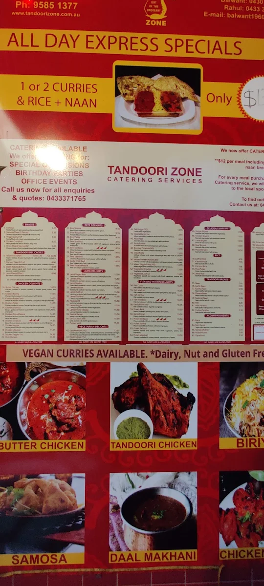 Menu, Tandoori Zone - Cheltenham