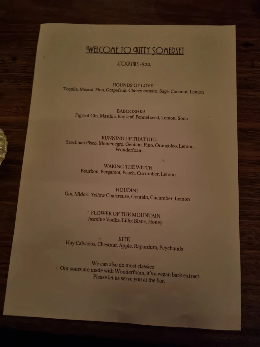 Menu, Kitty Somerset