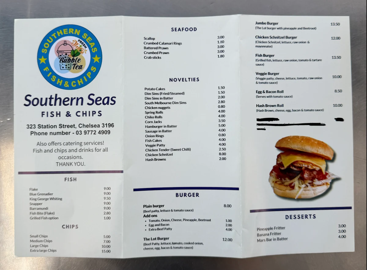 Menu, Southern Seas