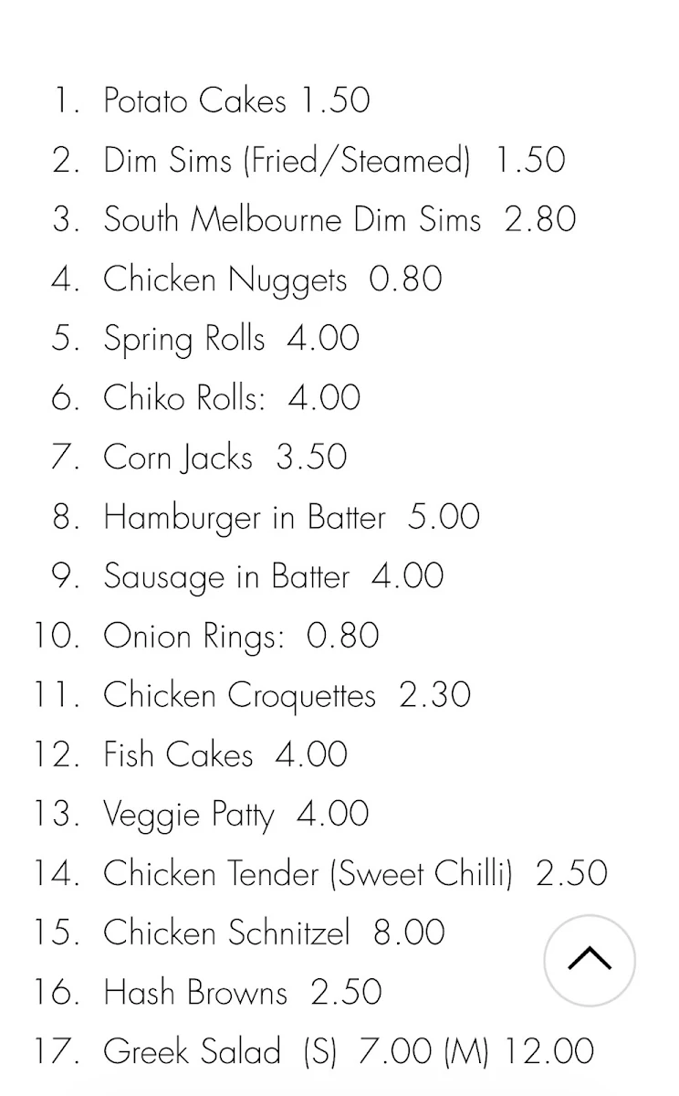 Menu, Southern Seas