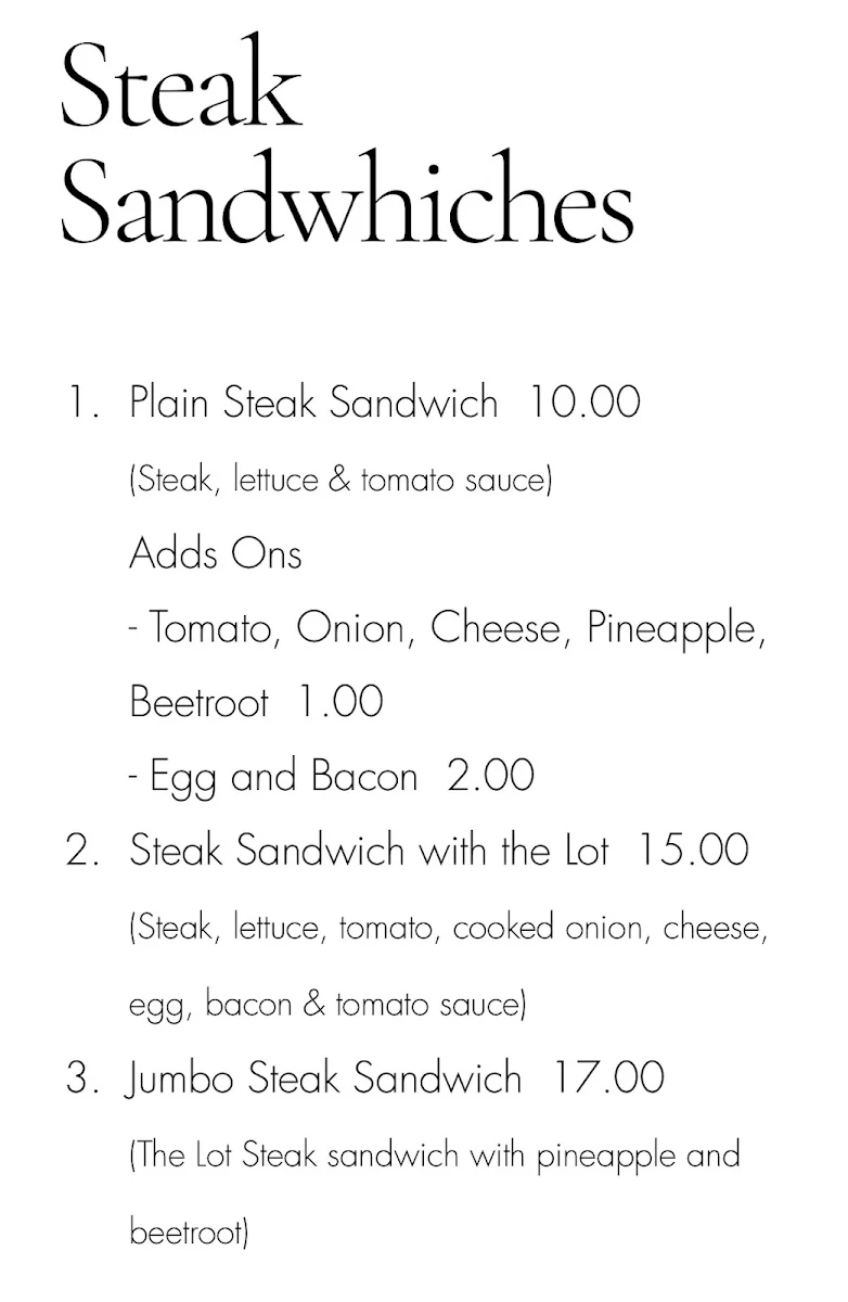 Menu, Southern Seas