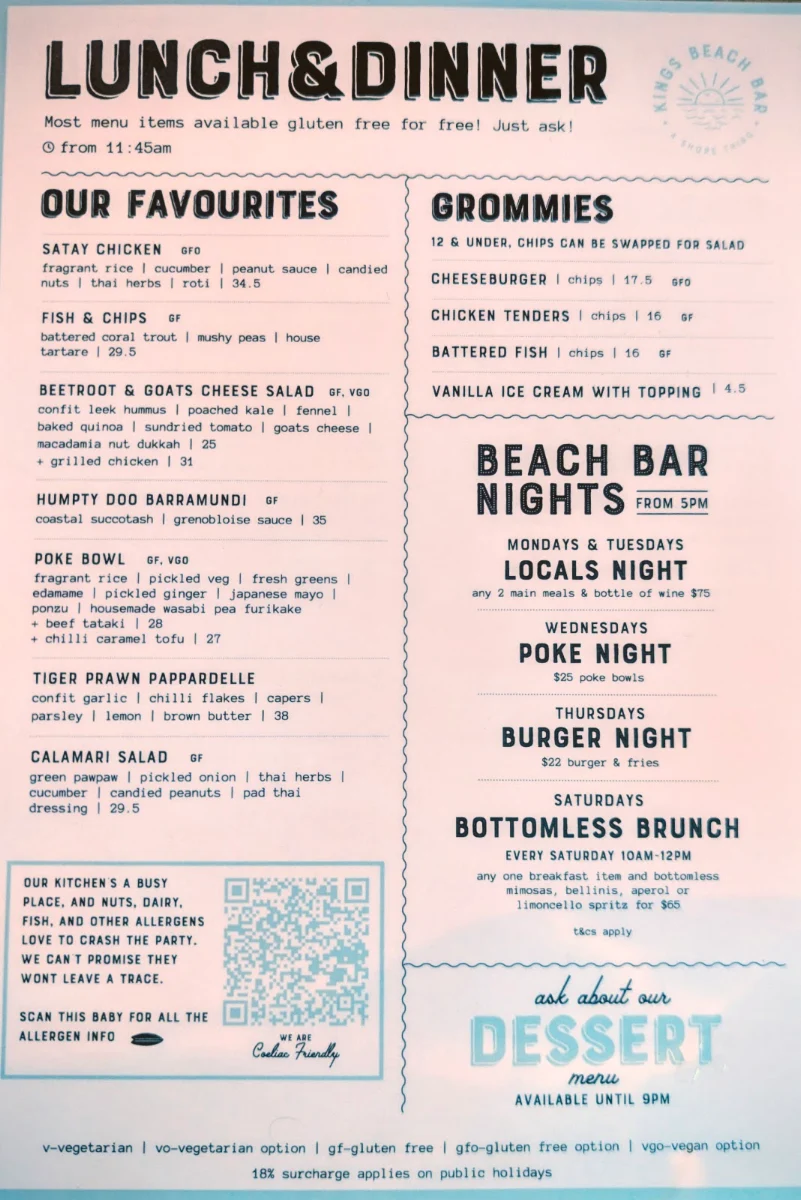 Menu, Kings Beach Bar