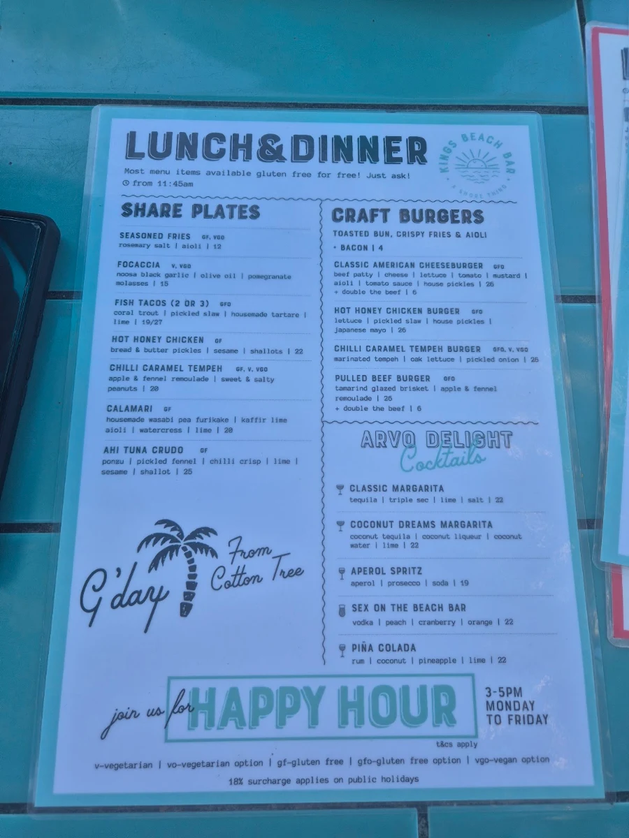 Menu, Kings Beach Bar
