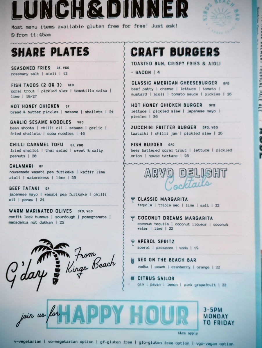 Menu, Kings Beach Bar