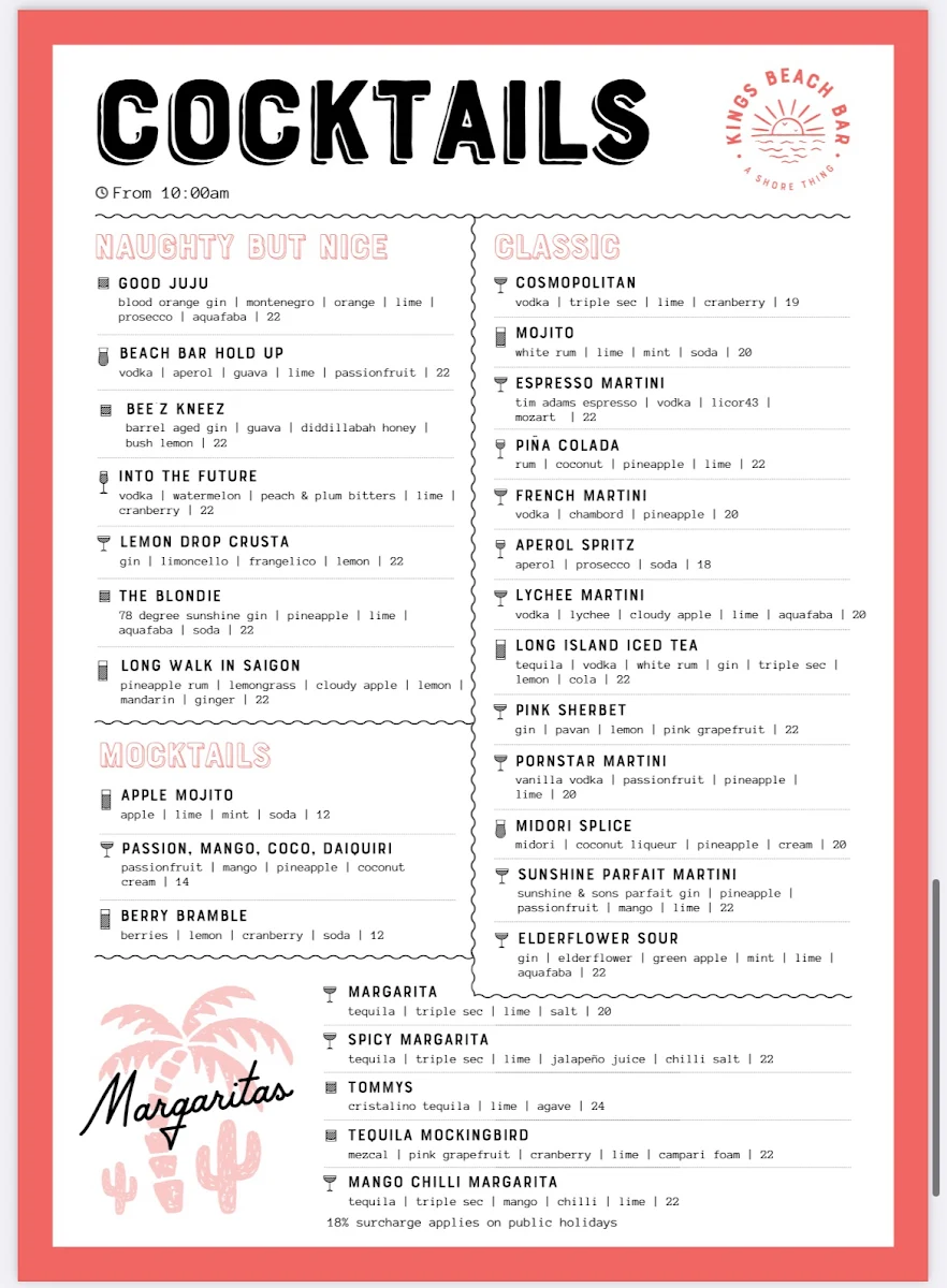 Menu, Kings Beach Bar