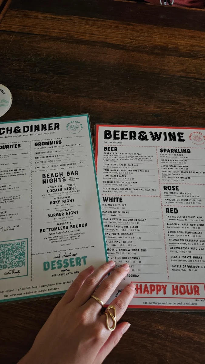 Menu, Kings Beach Bar
