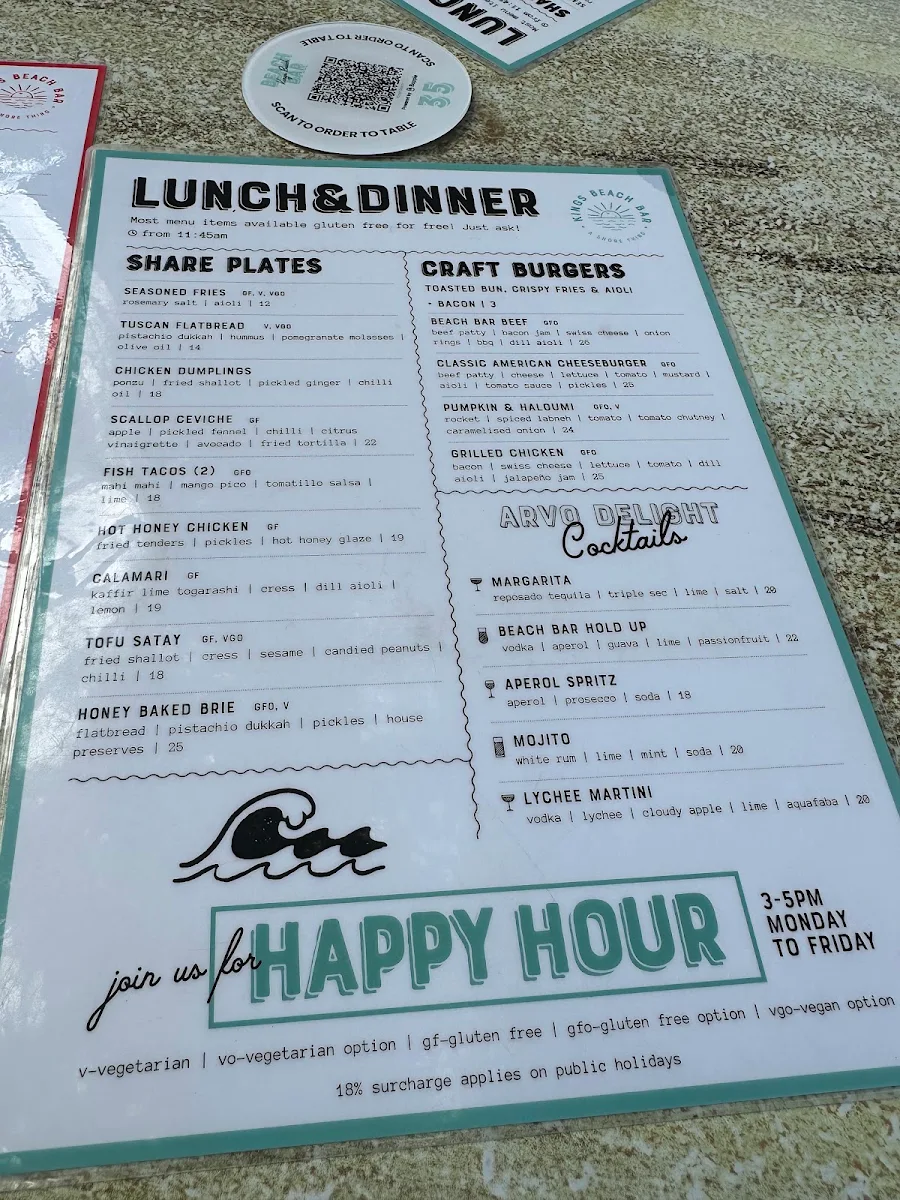 Menu, Kings Beach Bar