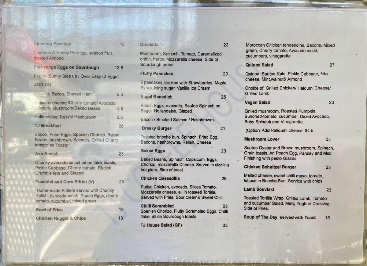 Menu, TJ Coffee House Parkdale