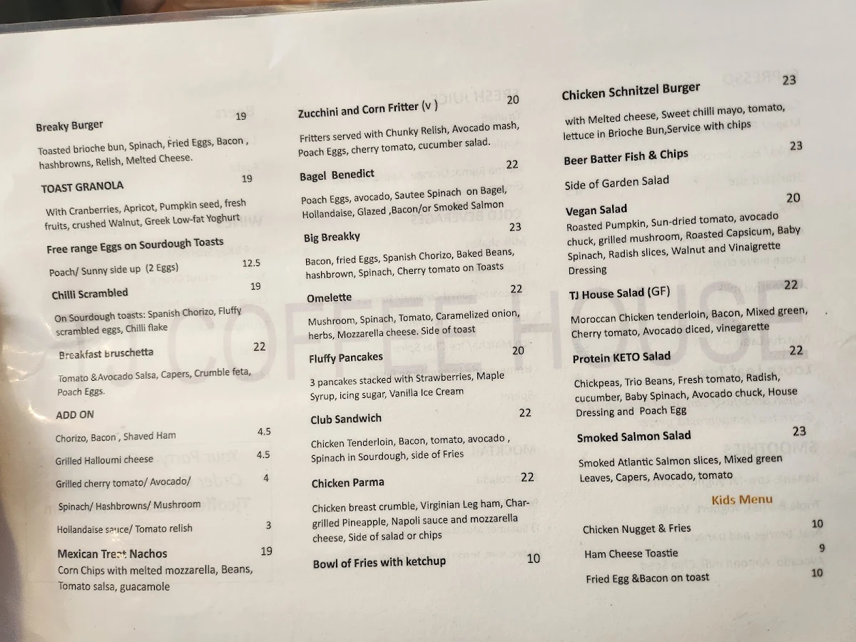 Menu, TJ Coffee House Parkdale