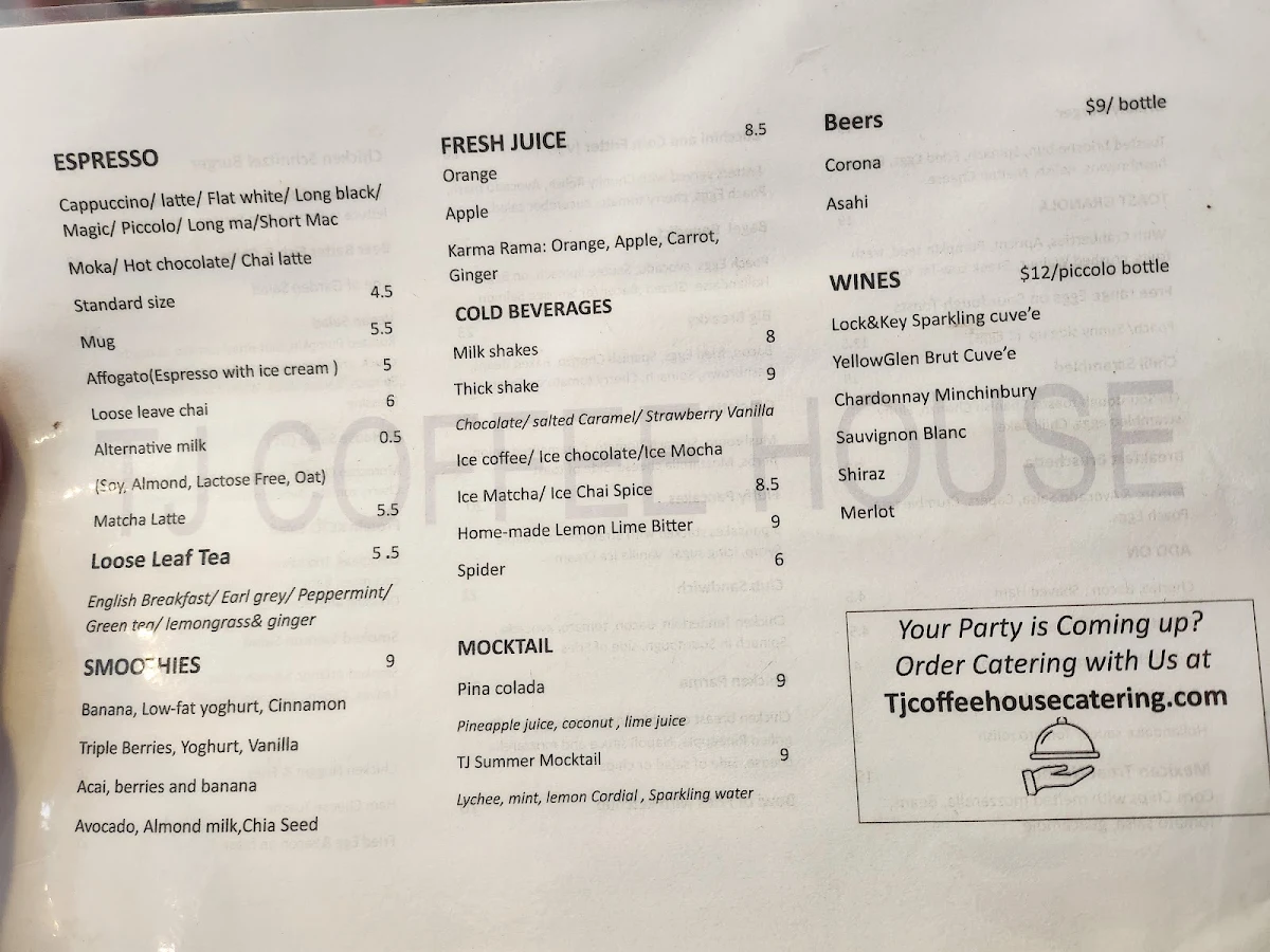 Menu, TJ Coffee House Parkdale