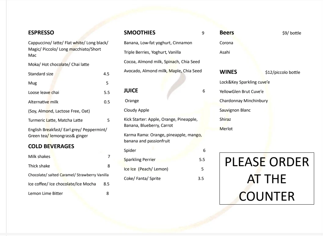 Menu, TJ Coffee House Parkdale