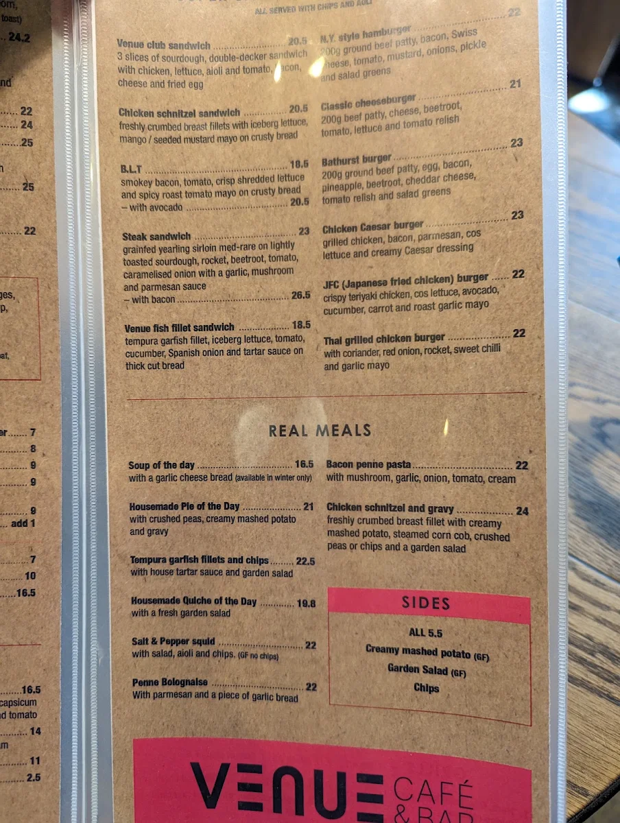 Menu, Venue Cafe Bar