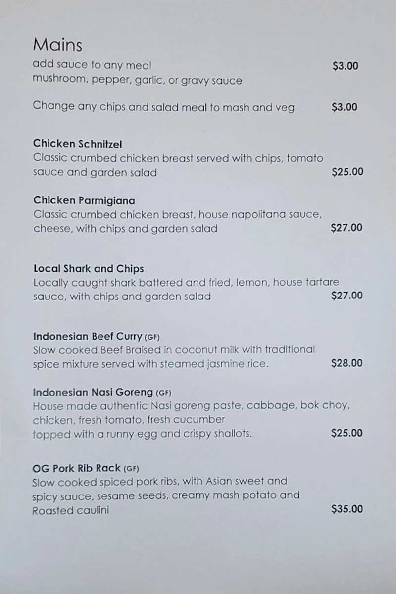 Menu, Karridale Tavern