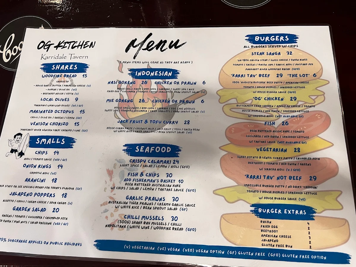 Menu, Karridale Tavern