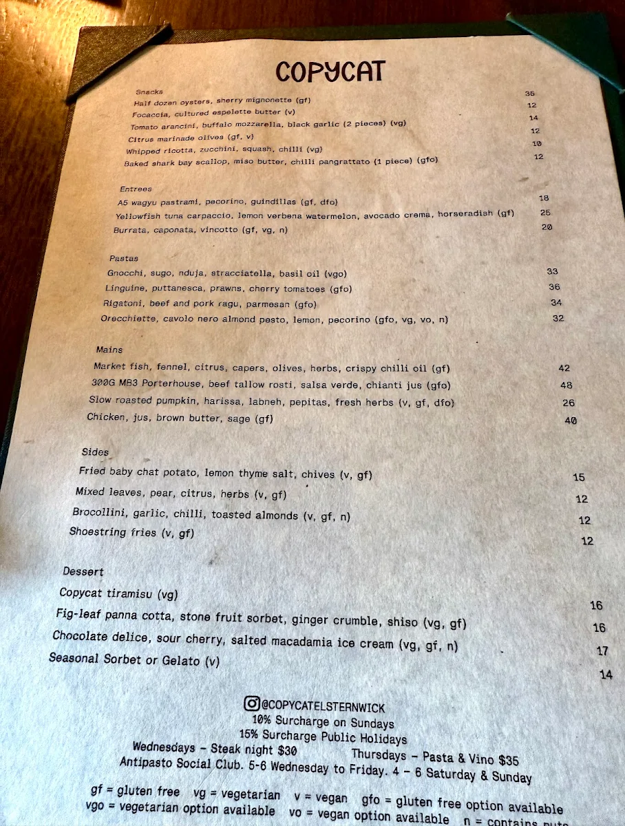 Menu, Copycat Bar & Restaurant