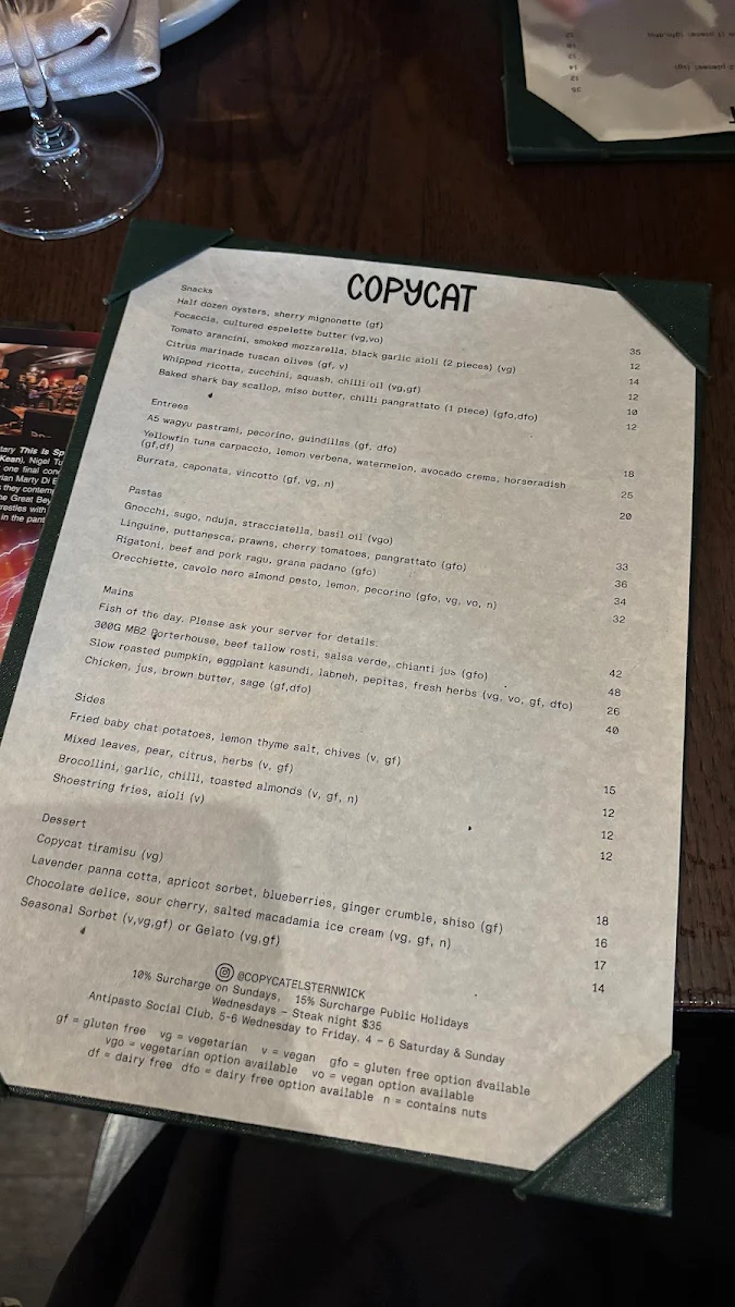 Menu, Copycat Bar & Restaurant