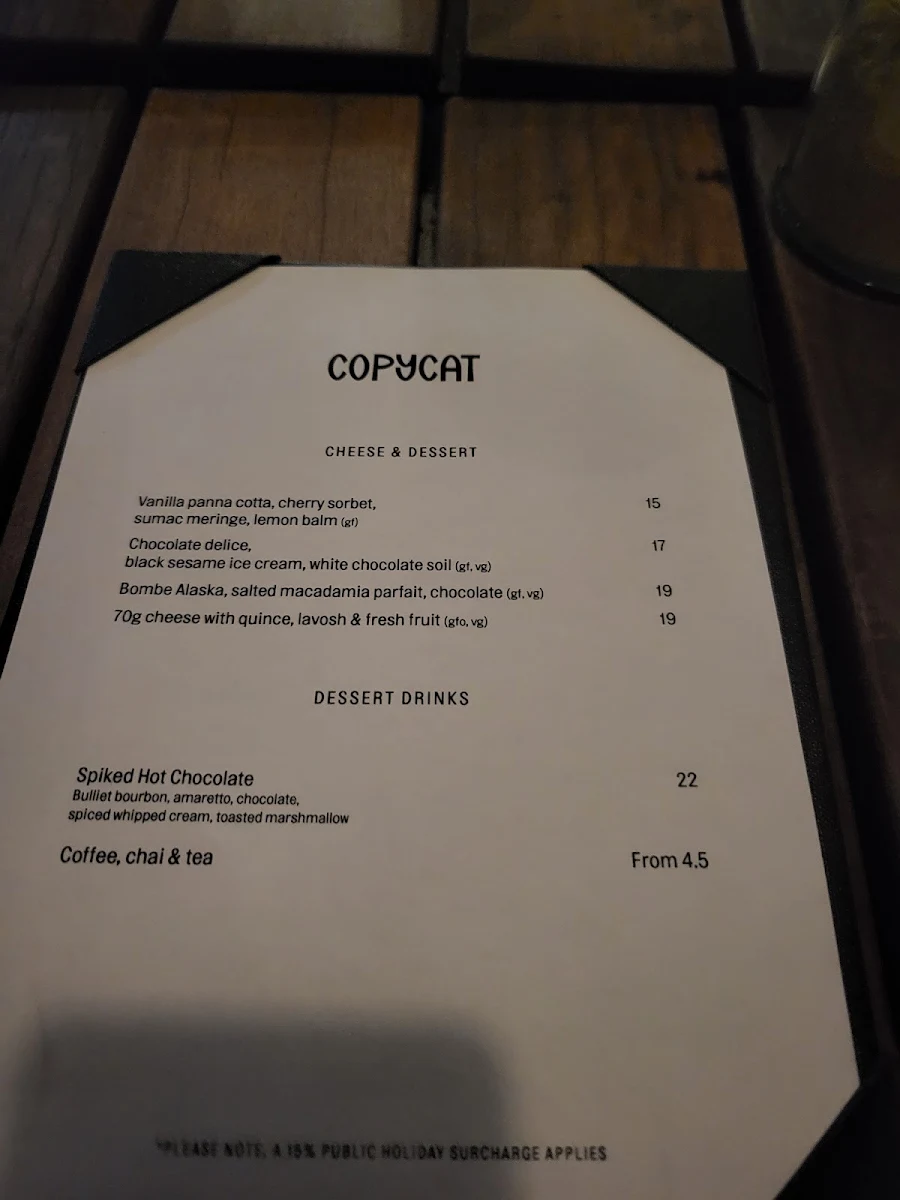 Menu, Copycat Bar & Restaurant