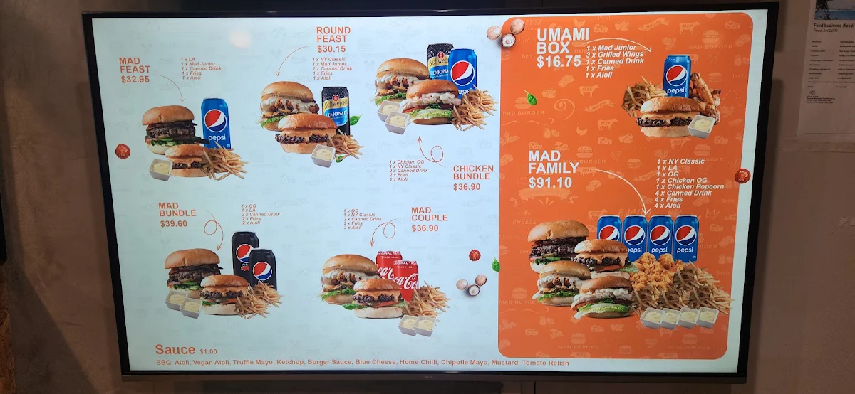 Menu, Mad Burger Southport