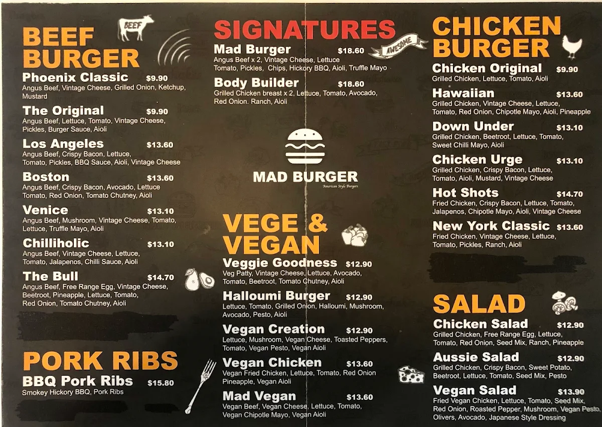 Menu, Mad Burger Southport
