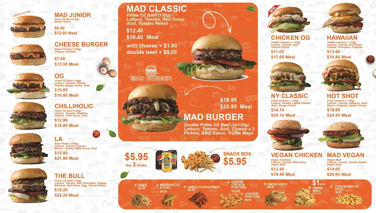 Menu, Mad Burger Southport