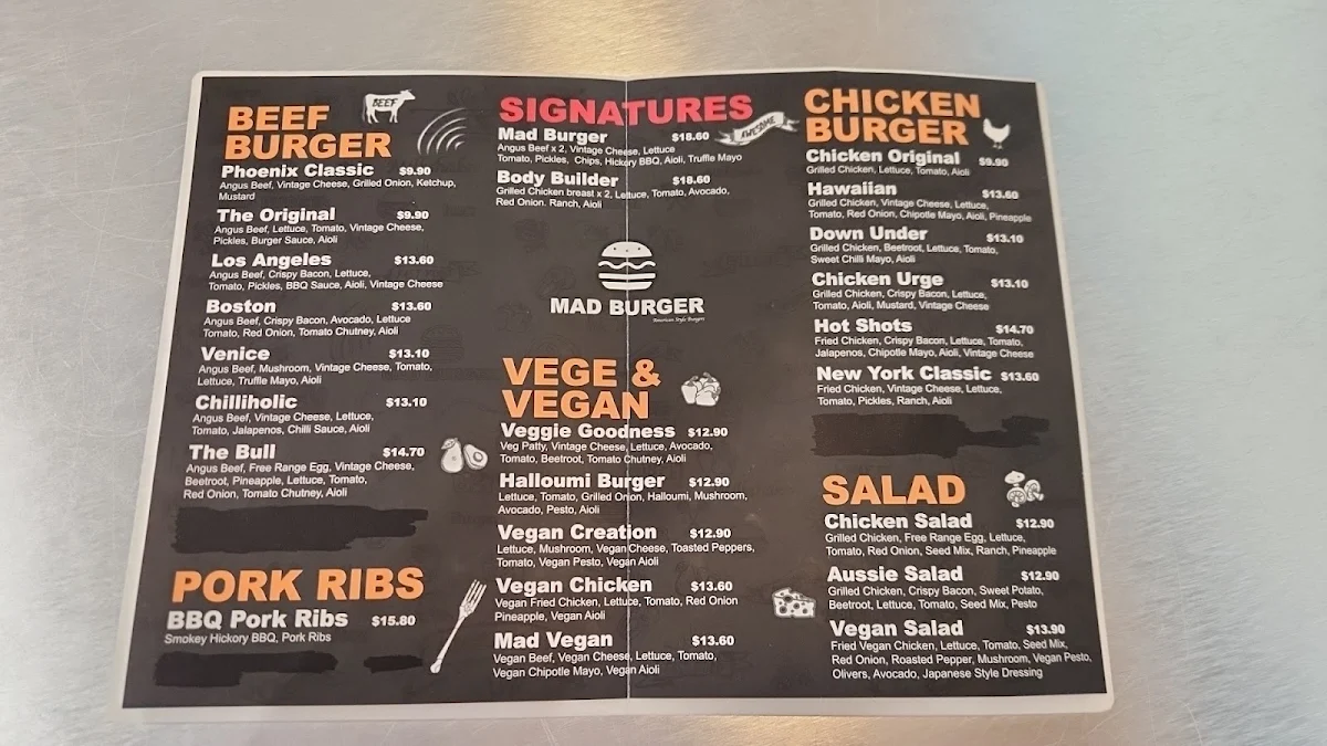 Menu, Mad Burger Southport