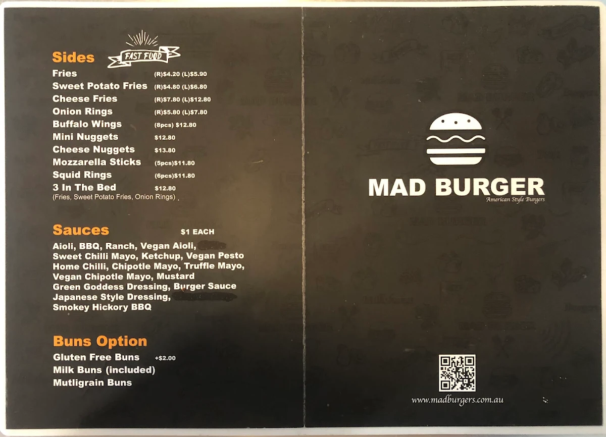Menu, Mad Burger Southport