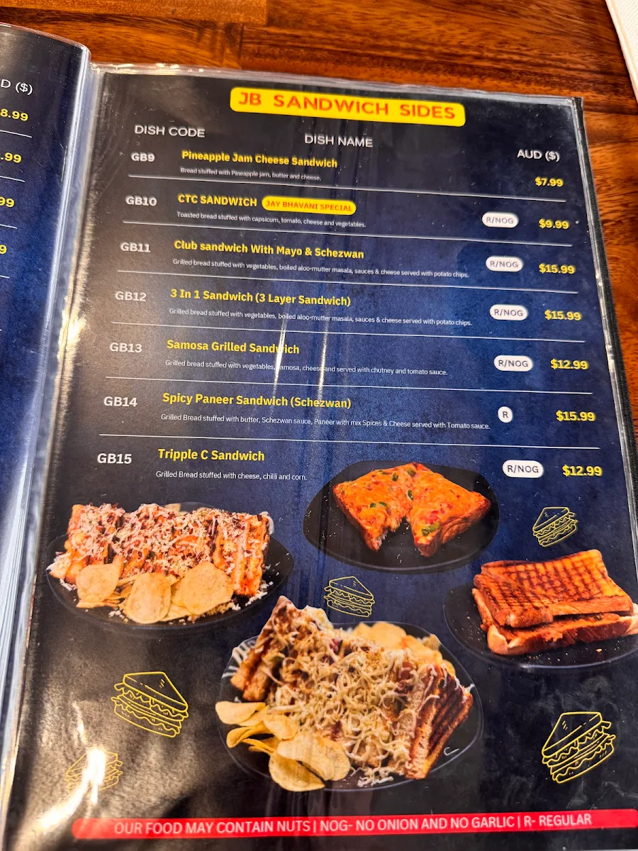 Menu, Jay Bhavani Williams Landing - Indian Vegetarian Restaurant