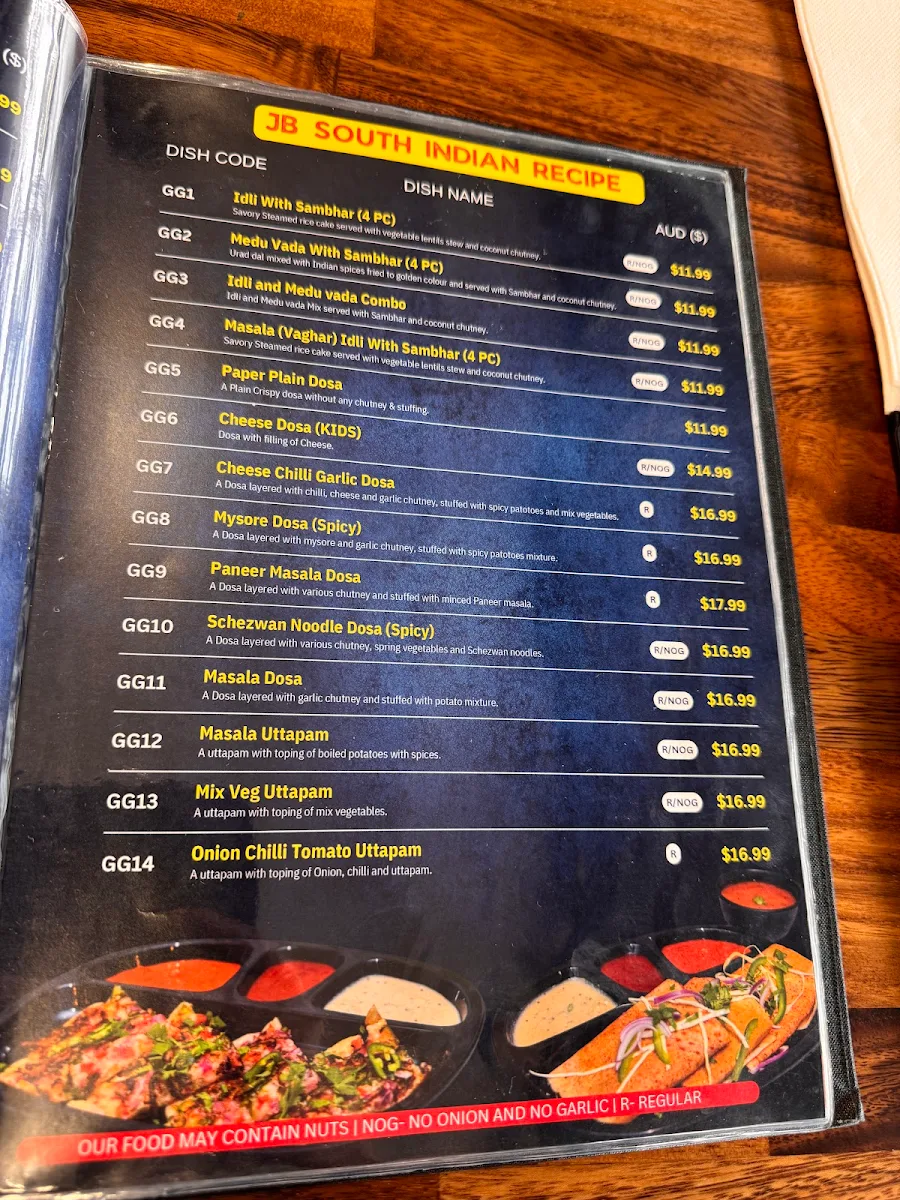 Menu, Jay Bhavani Williams Landing - Indian Vegetarian Restaurant