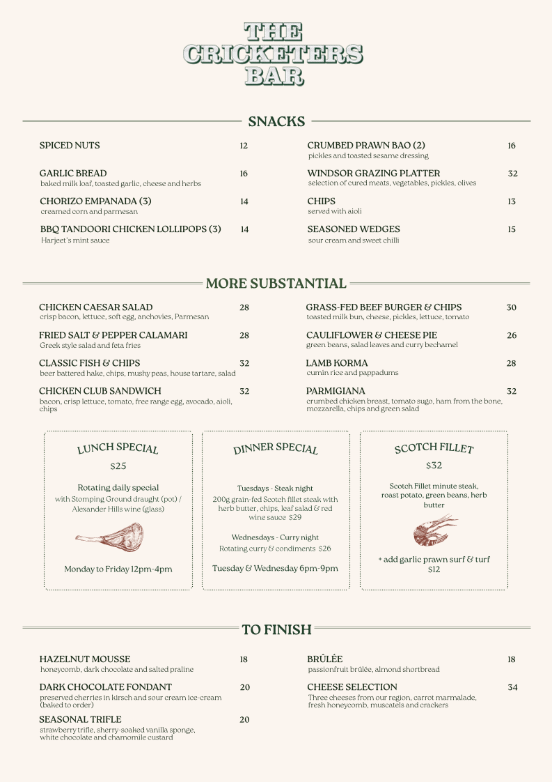 Menu, The Cricketers Bar