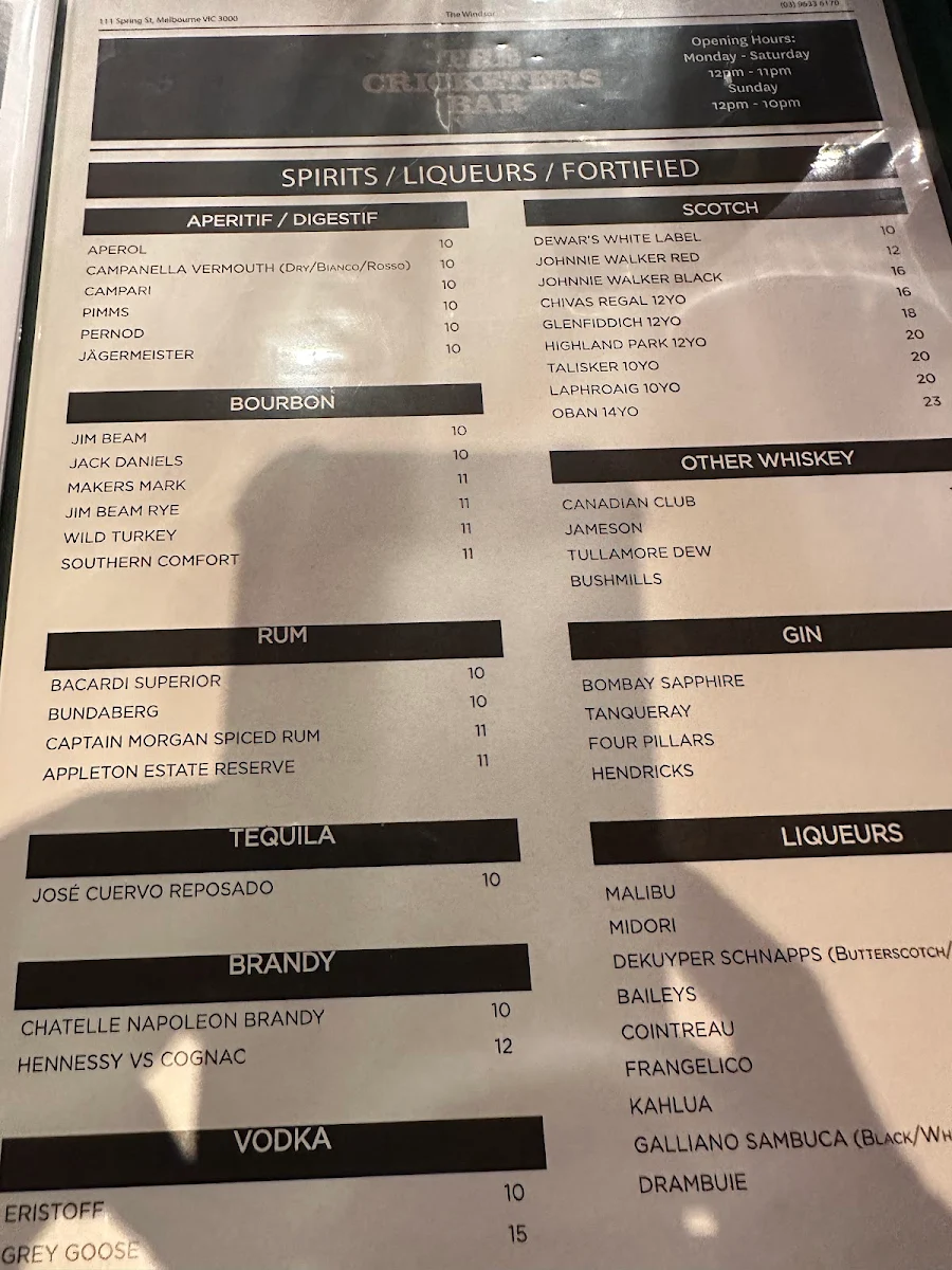 Menu, The Cricketers Bar