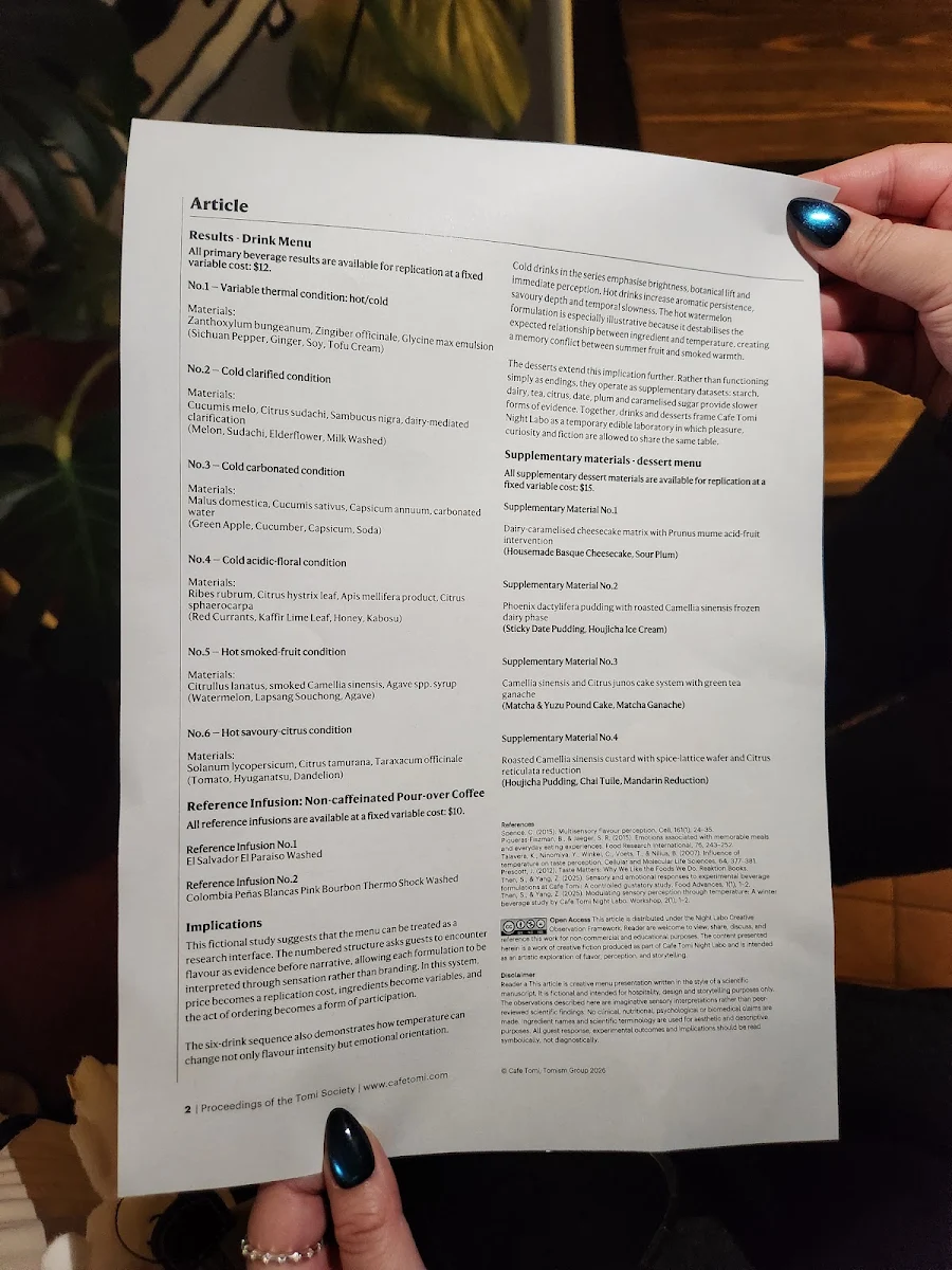 Menu, Cafe Tomi