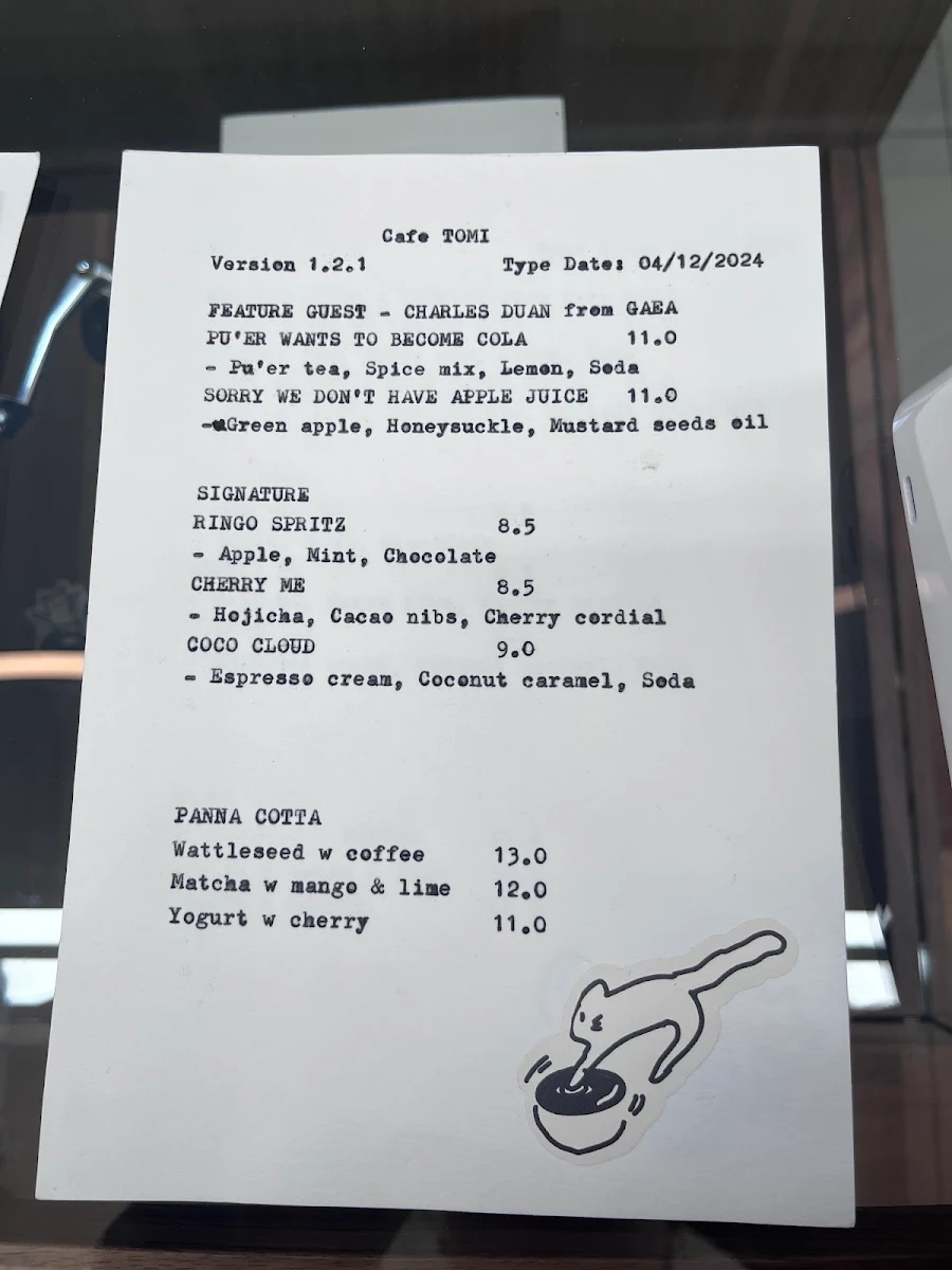 Menu, Cafe Tomi
