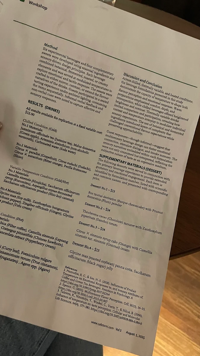 Menu, Cafe Tomi