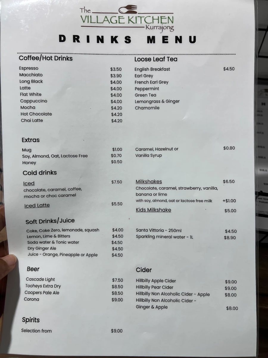 Menu, The Village Kitchen Kurrajong