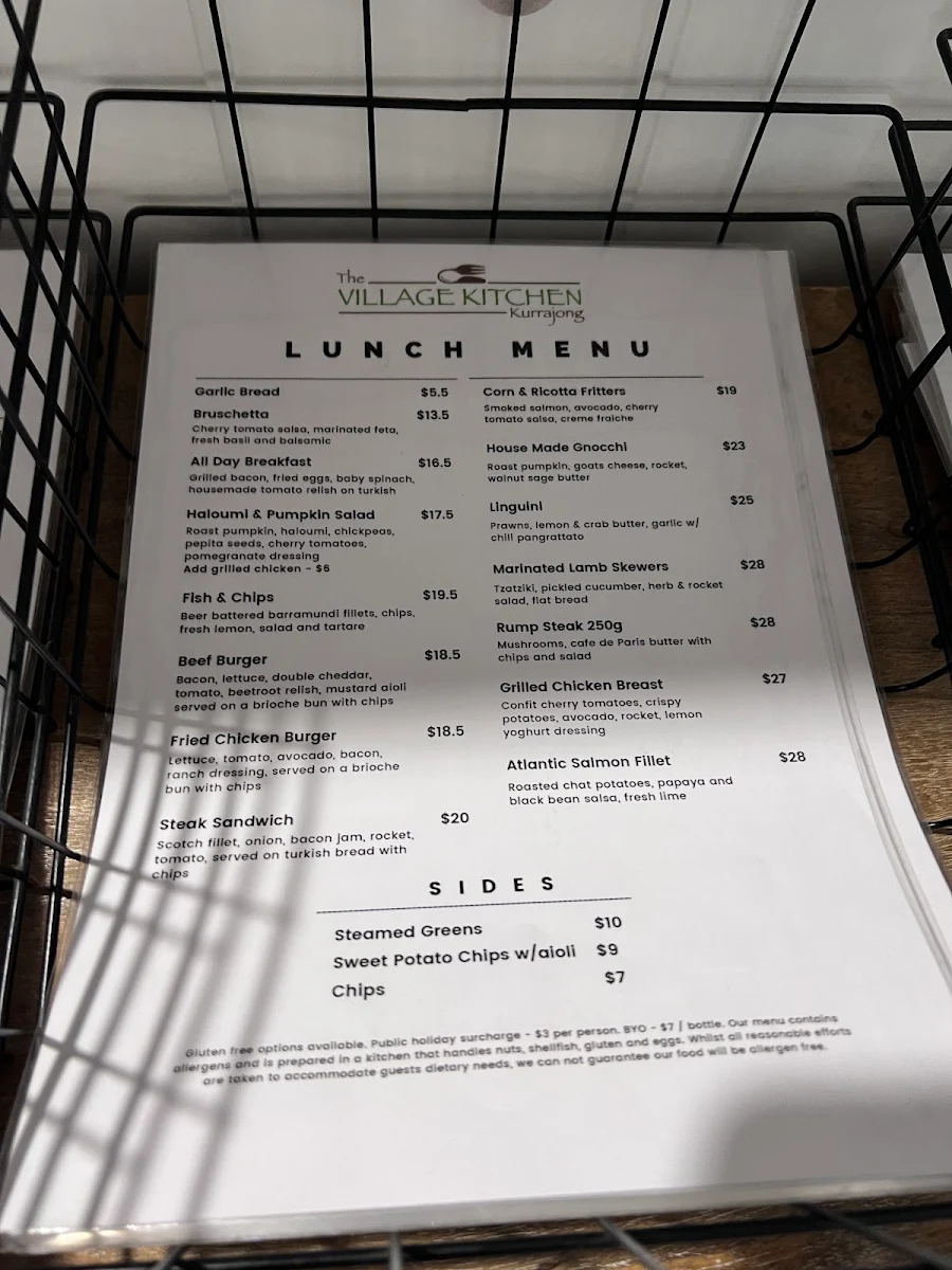 Menu, The Village Kitchen Kurrajong