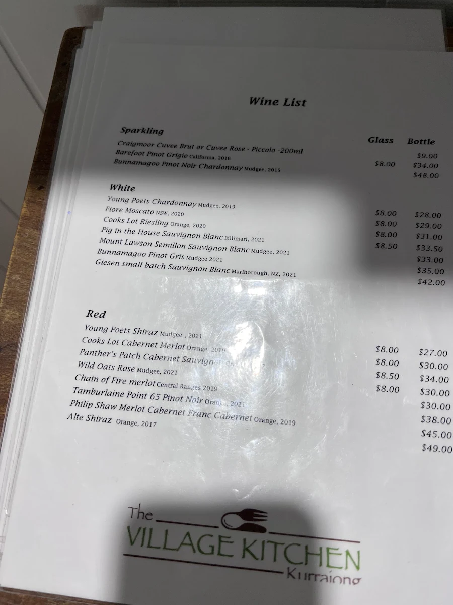 Menu, The Village Kitchen Kurrajong