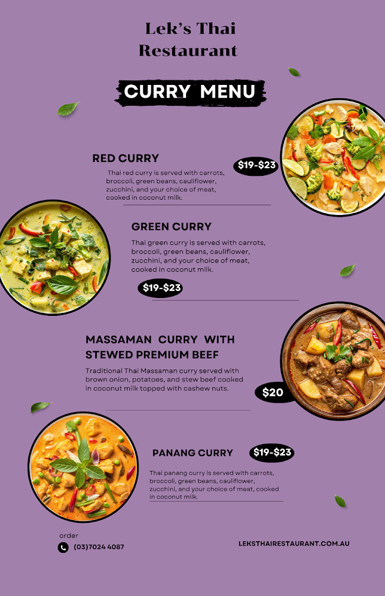 Menu, Leks Thai Restaurant