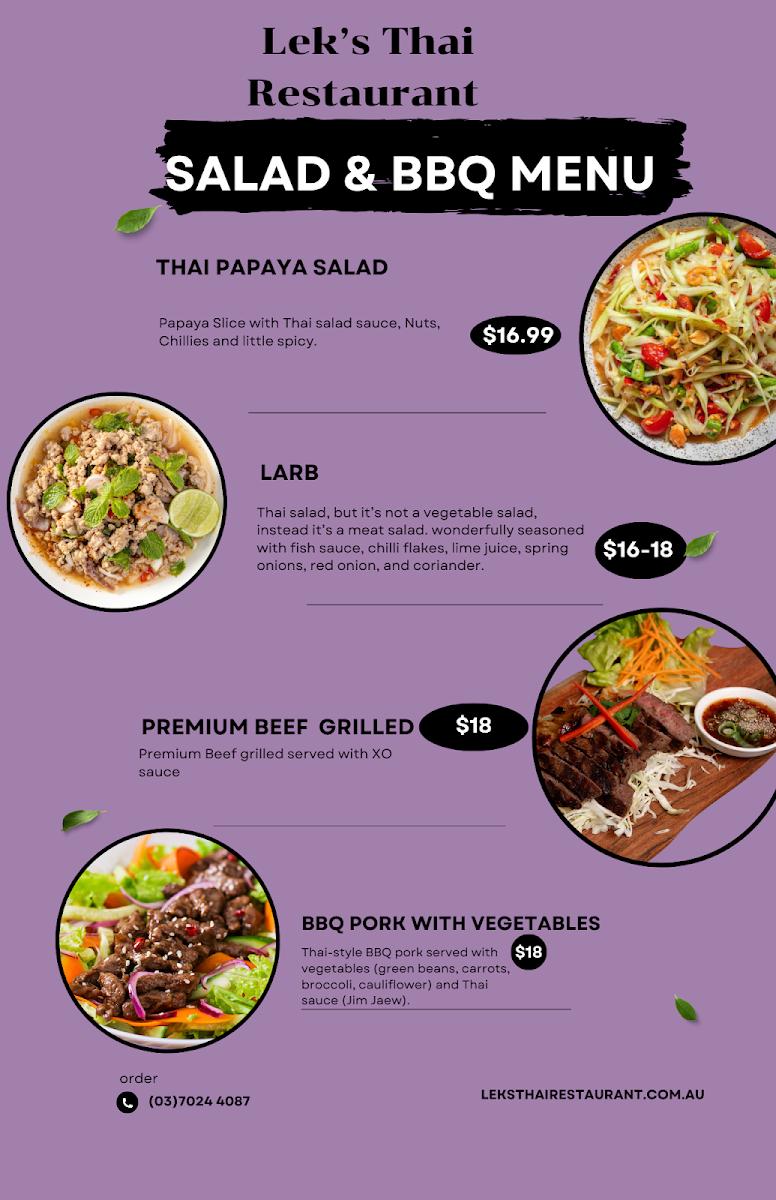 Menu, Leks Thai Restaurant