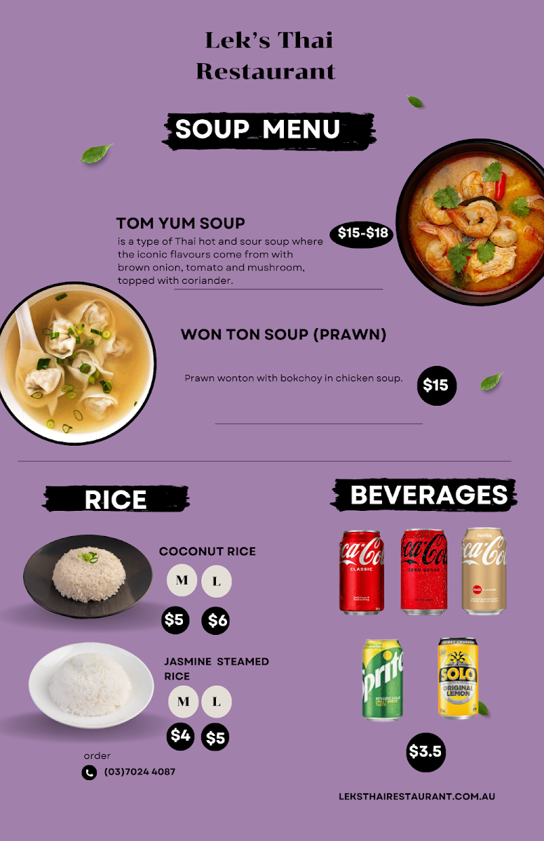 Menu, Leks Thai Restaurant