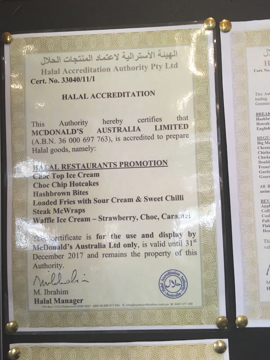 Menu, McDonald's Greenacre North