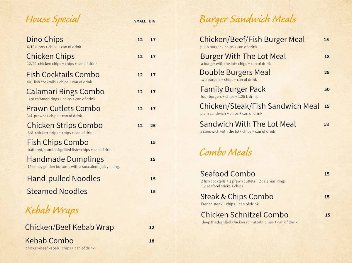 Menu, Walgett Gourmet Food