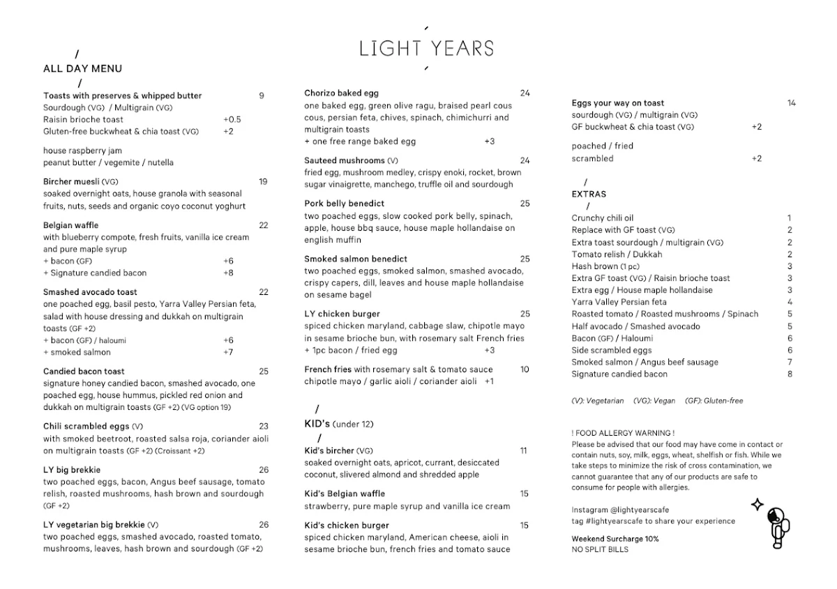 Menu, Light Years Cafe