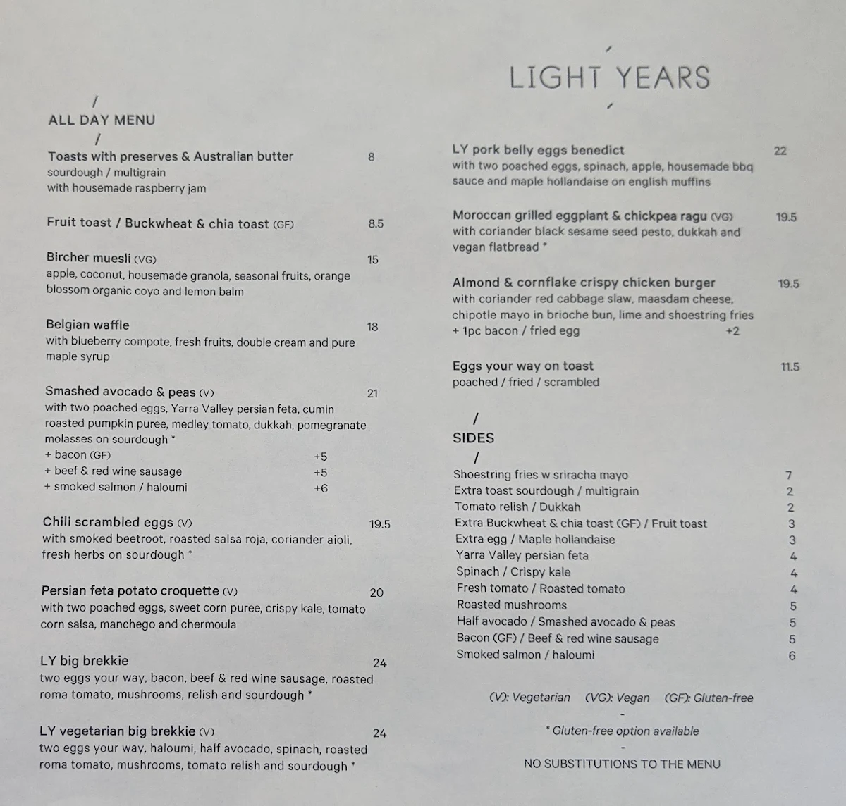 Menu, Light Years Cafe